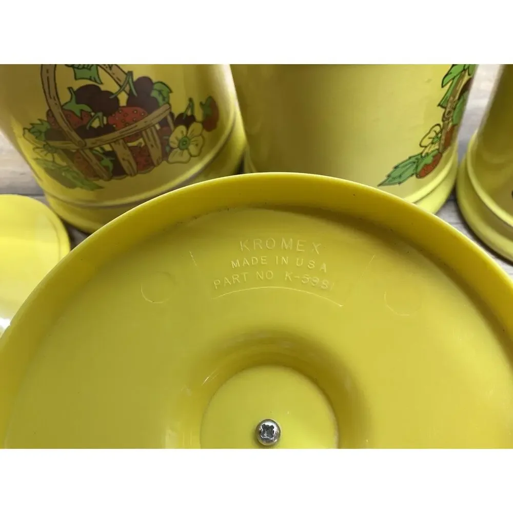Vtg 70s Kromex Yellow Fruit Basket Aluminum Kitchen Canister Set